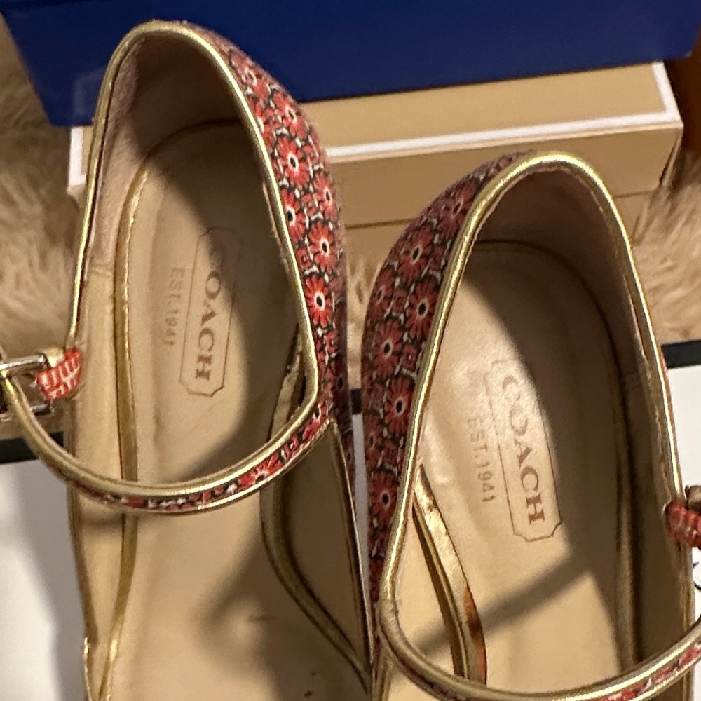 Coach Women's Red Floral Heels with Gold Accents